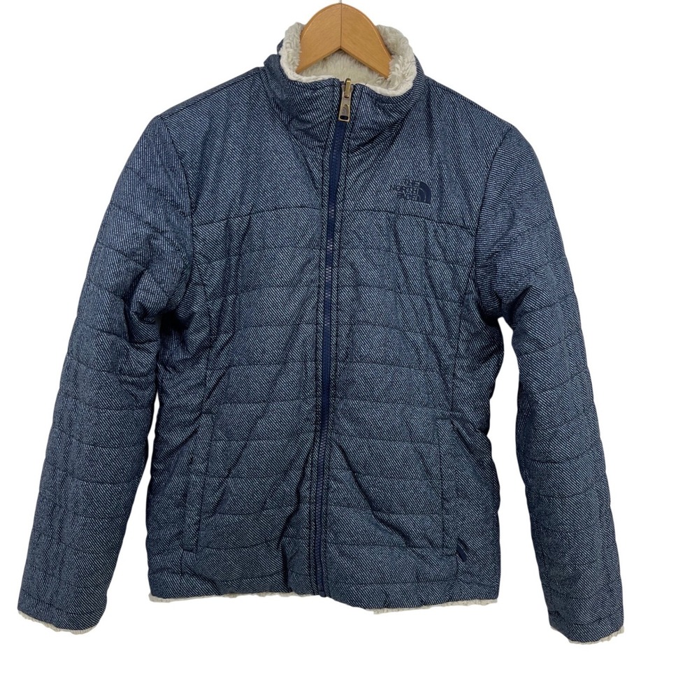 The North Face Reversible Mossbud Swirl Jacket Montague Blue Denim Girls 14/16